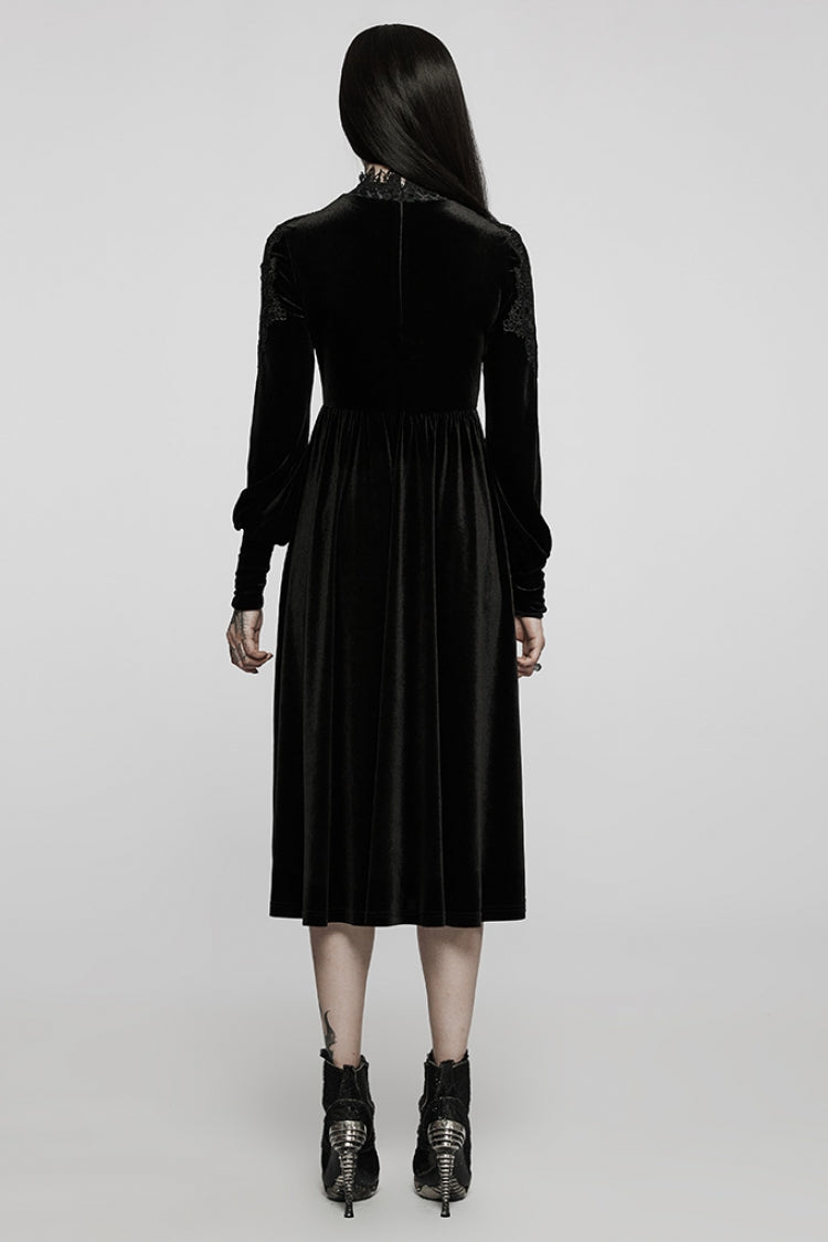 Black Long Sleeves Invisible Zipper High Waisted Hollow Stitching Women's Gothic Dress