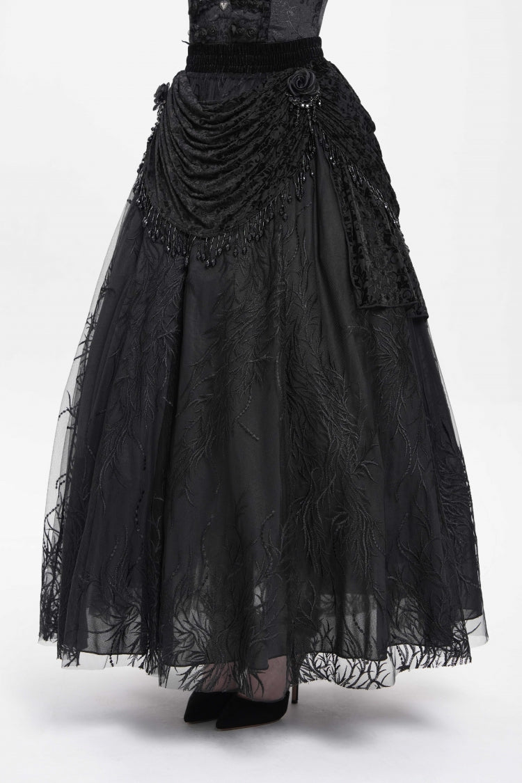 Black Floral Embroidered Beaded Women's Gothic Long Skirt