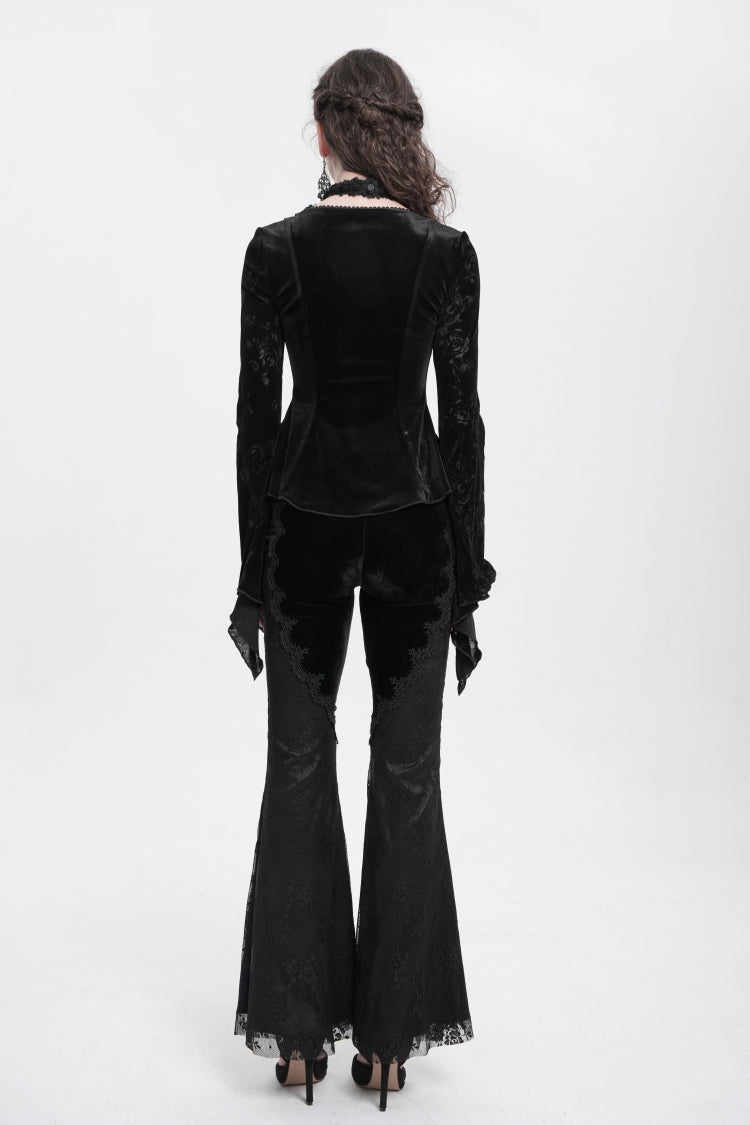 Black Halterneck Long Trumpet Sleeves Jacquard Embroidery Women's Gothic Blouse
