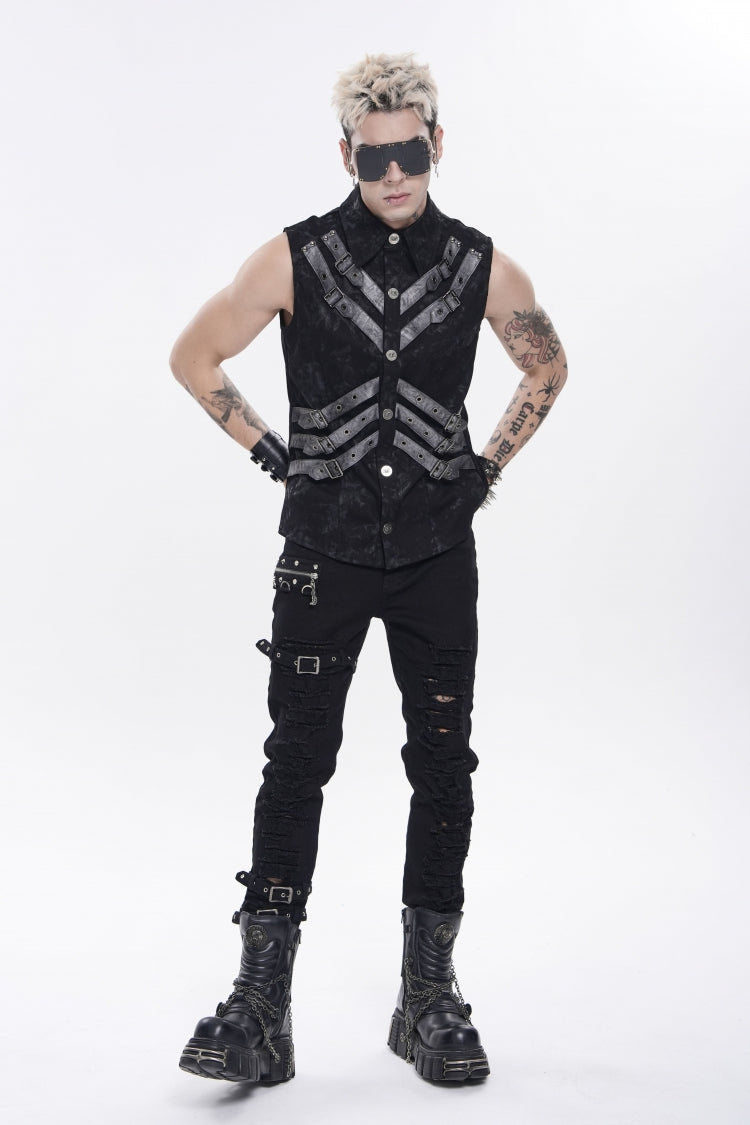 Black Lapel Collar Sleeveless Multi-Layered Printed Tie-dyed Buckled Men's Punk Shirt
