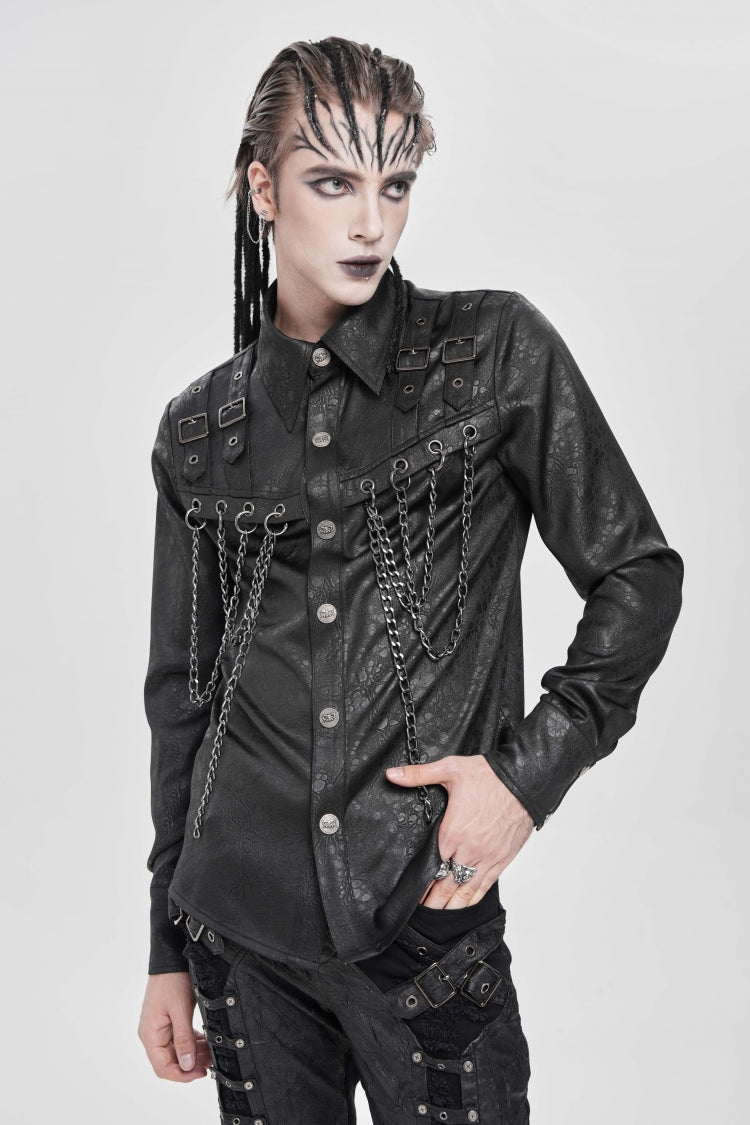 Black Lapel Collar Long Sleeves Buckled Strappy Chain-Decorated Men's Punk Shirt