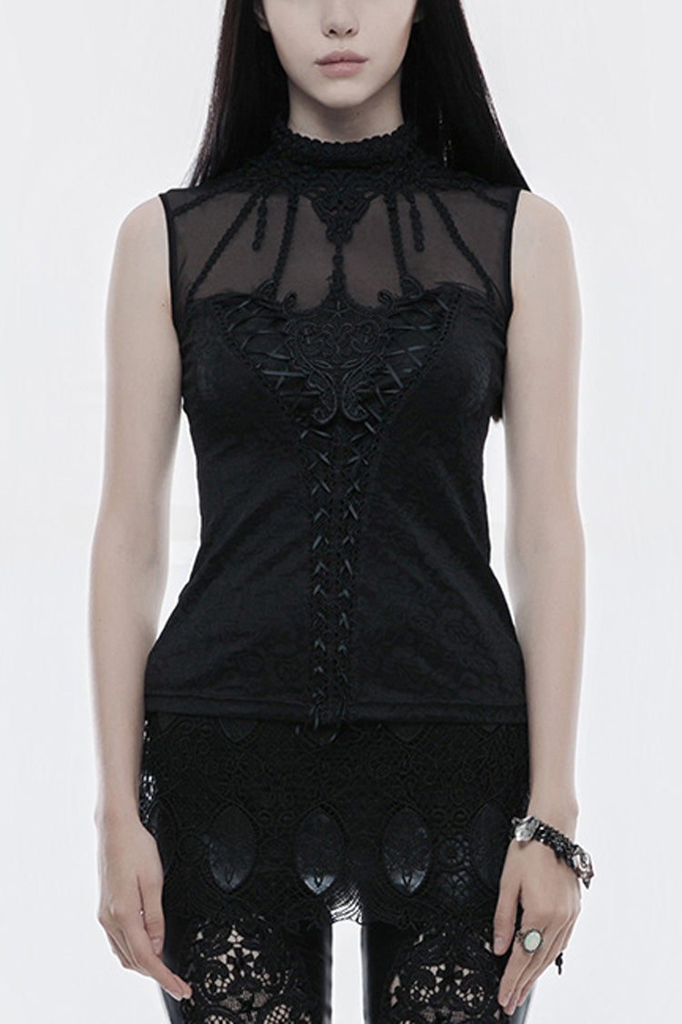 Black High Collar Sleeveless Stitching Lace Lace-Up Mesh Women's Gothic T-Shirt