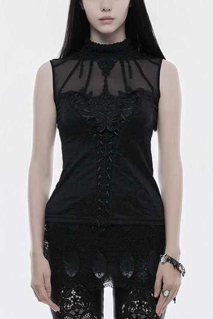 Black High Collar Sleeveless Stitching Lace Lace-Up Mesh Women's Gothic T-Shirt