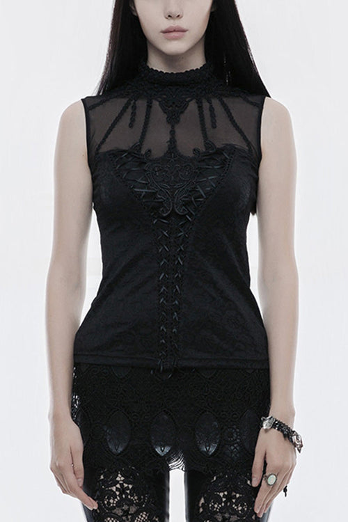 Black High Collar Sleeveless Stitching Lace Lace-Up Mesh Women's Gothic T-Shirt