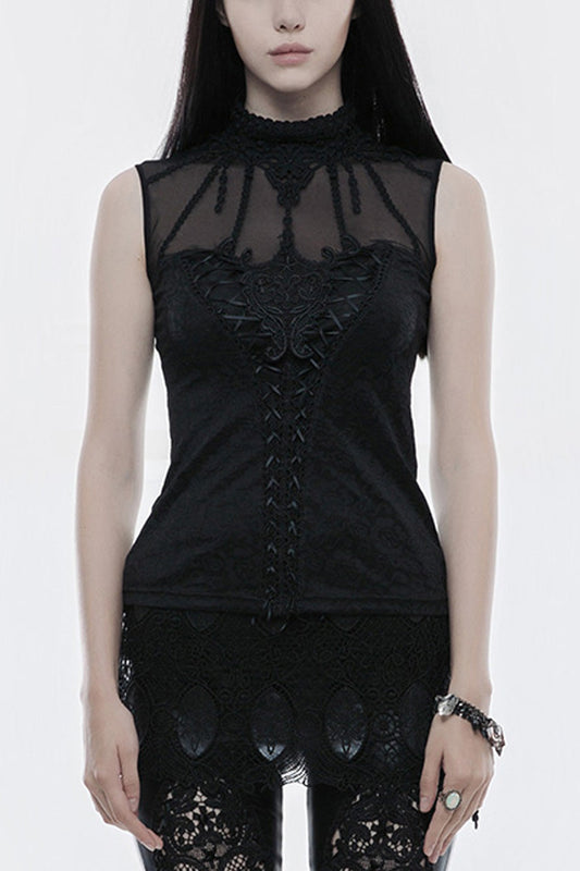 Black High Collar Sleeveless Stitching Lace Lace-Up Mesh Women's Gothic T-Shirt