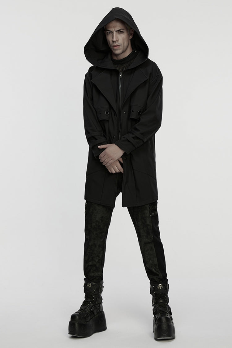 Black Lapel Collar Long Sleeves Hooded Zippered Eyelet Men's Gothic Coat