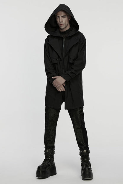 Black Lapel Collar Long Sleeves Hooded Zippered Eyelet Men's Gothic Coat