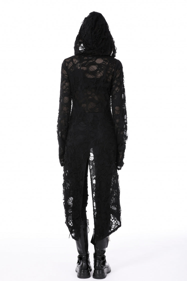 Black Long Sleeves Split Ripped Zippered Women's Punk Long Coat with Hood