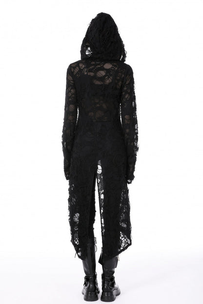 Black Long Sleeves Split Ripped Zippered Women's Punk Long Coat with Hood