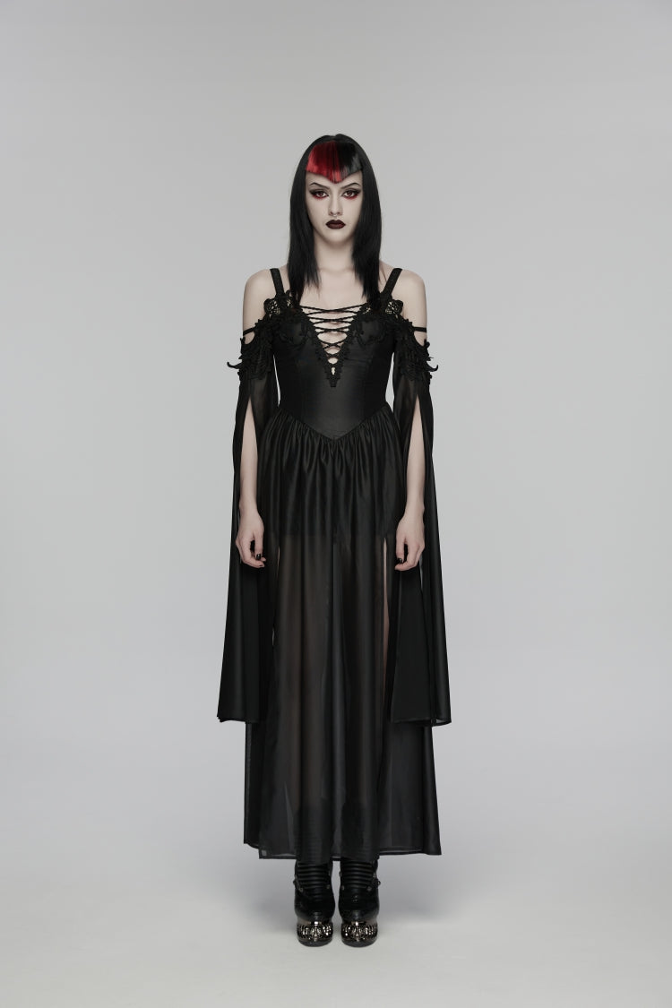 Black Off Shoulder Long Sleeves Embroidered Lace-Up Women's Gothic Elegant Dress Wedding Dress