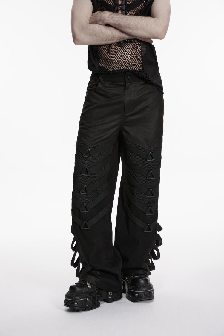 Black Multi-Layered Mesh Eyelet Men's Punk Cool Strappy Pants