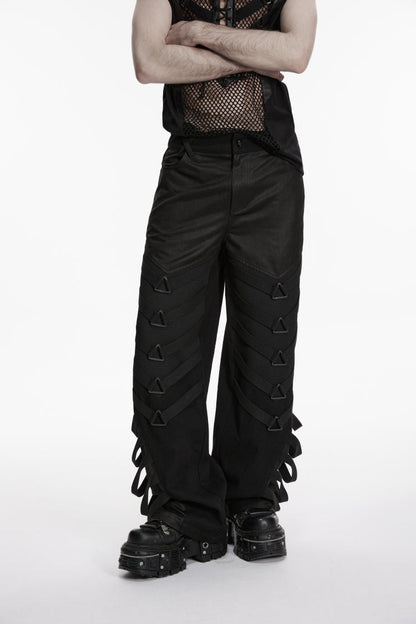 Black Multi-Layered Mesh Eyelet Men's Punk Cool Strappy Pants