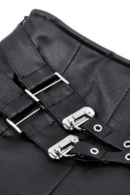 Black Low Waisted Buckle-Up Women's Punk PU Leather Pleated Mini Skirt