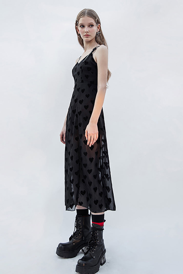 Black Heart Chiffon Waist Leather Sling Long Women's Gothic Dress
