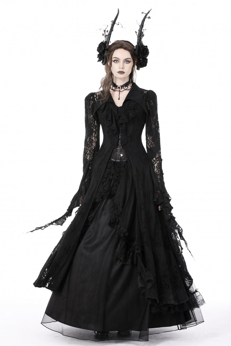 Black Lapel Collar Long Sleeves Ruffled Irregular Lace Lace-Up Women's Gothic Jacket Dress