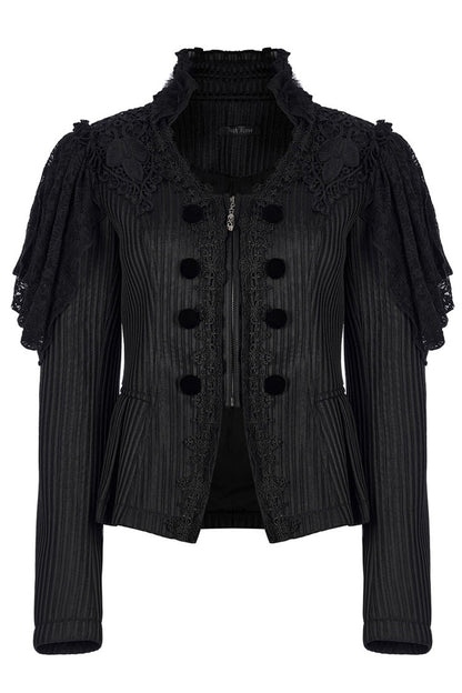 Black Gothic Lace Jacquard Double Row Velvet Button Metal Zip Back Lace Up Women's Jacket
