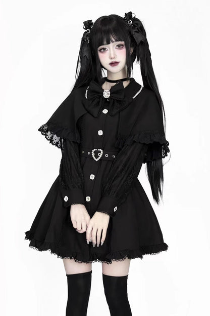 Black Long Sleeves Removable Cape Ruffle Lace Gothic Jirai Kei Elegant Dress