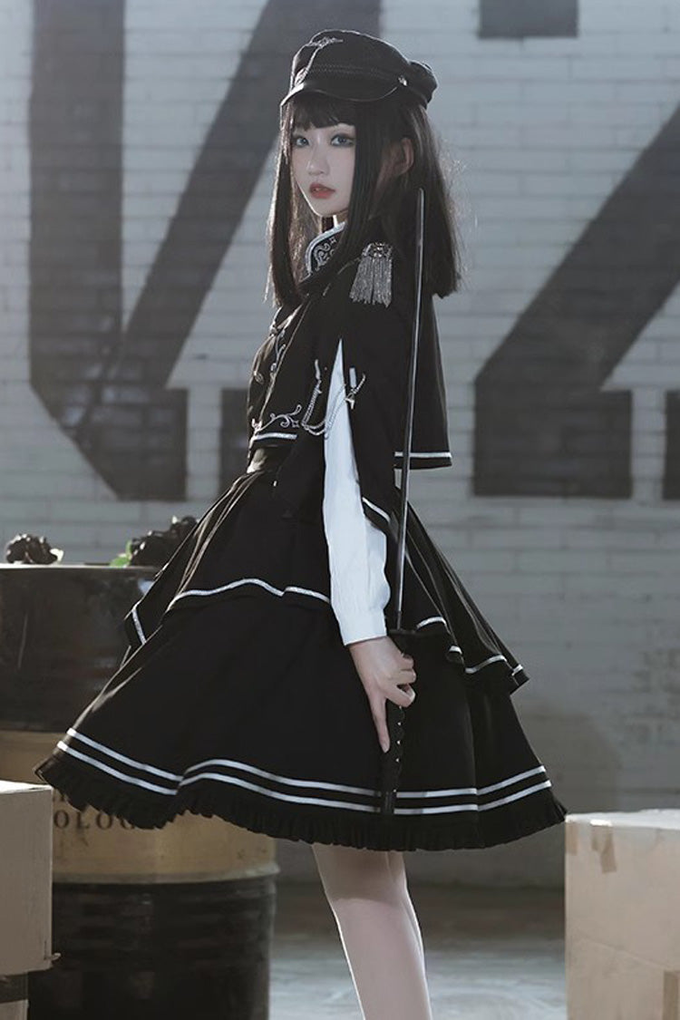 Black Battle of Thorns Print Ruffle Gothic Military Handsome Lolita Skirt