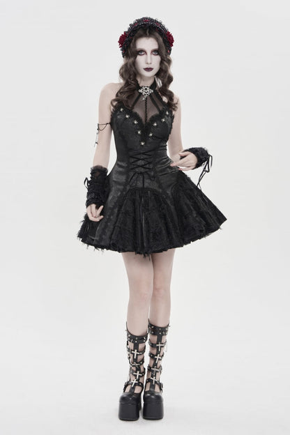 Black Off Shoulder Sleeveless Printed Spliced Lace Lace-Up Pleated Women's Gothic Dress