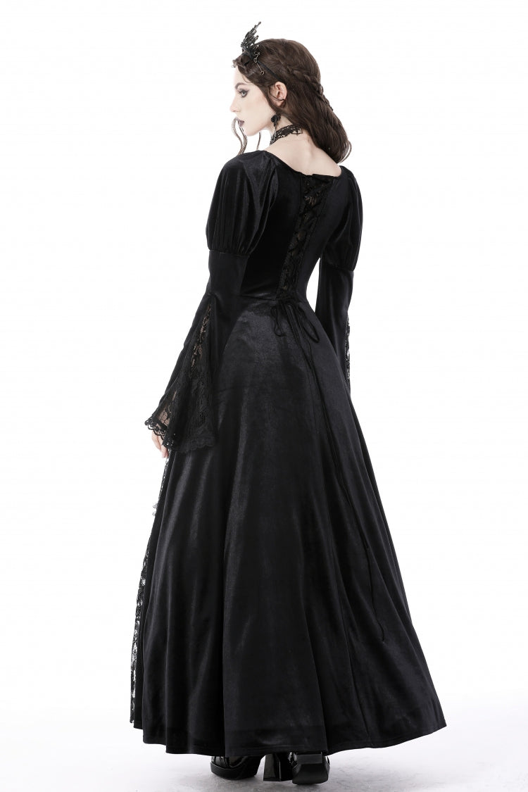 Black Long Puff Sleeves Spliced Lace Lace-Up Women's Gothic Vintage Velvet Wedding Dress