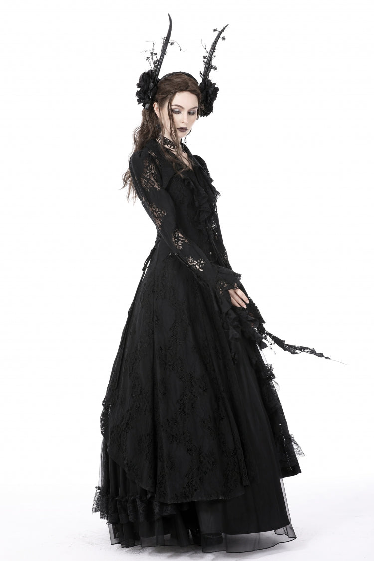 Black Lapel Collar Long Sleeves Ruffled Irregular Lace Lace-Up Women's Gothic Jacket Dress