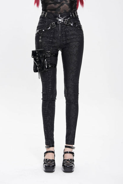 Black Print Buckle Straps Women's Punk Pants with Leg Bag