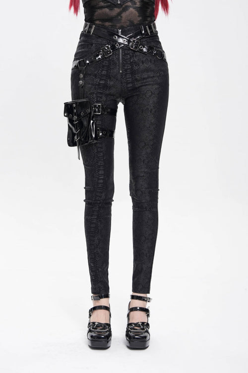 Black Print Buckle Straps Women's Punk Pants with Leg Bag