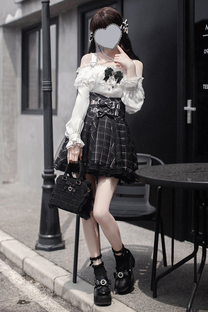 Black Plaid Print Bowknot Sweet Jirai Kei Japanese Skirt