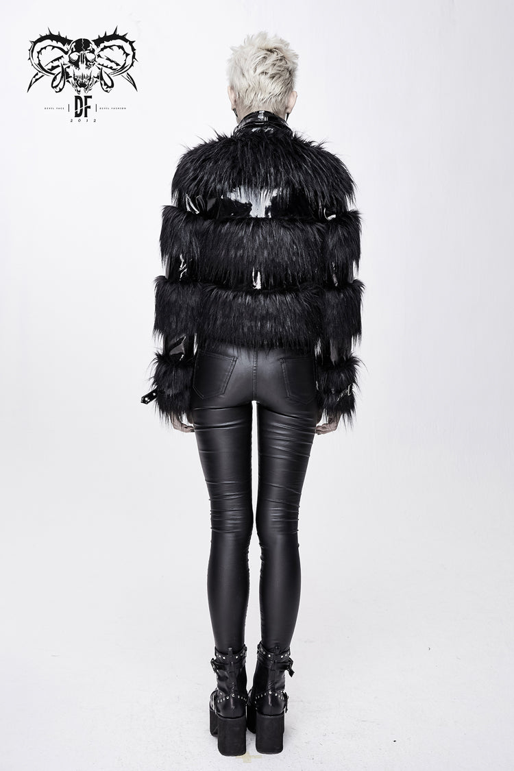 Black Metal Buckle Loop Stand Up Collar Splice Patent Leather Woolen Women's Punk Coat