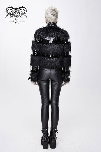Black Metal Buckle Loop Stand Up Collar Splice Patent Leather Woolen Women's Punk Coat