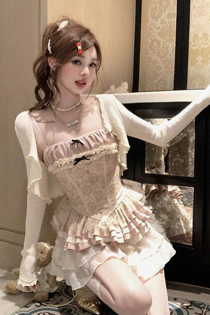 Apricot Multi-Layered Print Ruffle Embroidery Bowknot Sweet Vintage Lolita Skirt