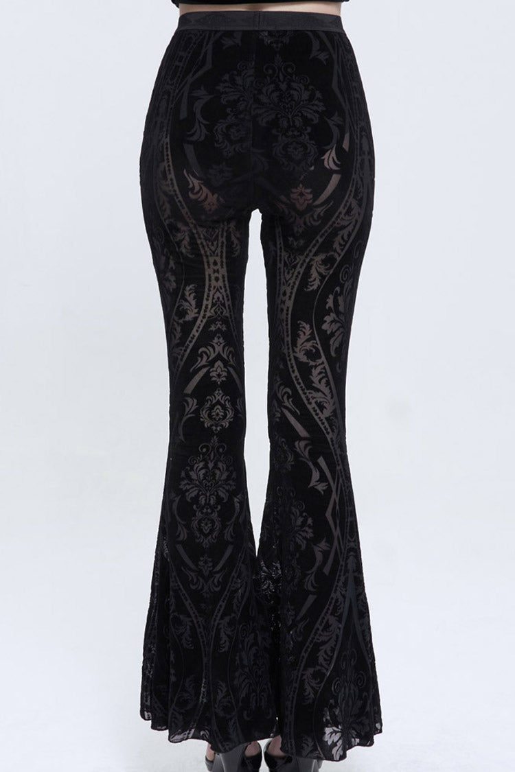 Black Flocked Printed Fabric Elastic Jacquard Elastic at Waist Flared Women's Punk Pants