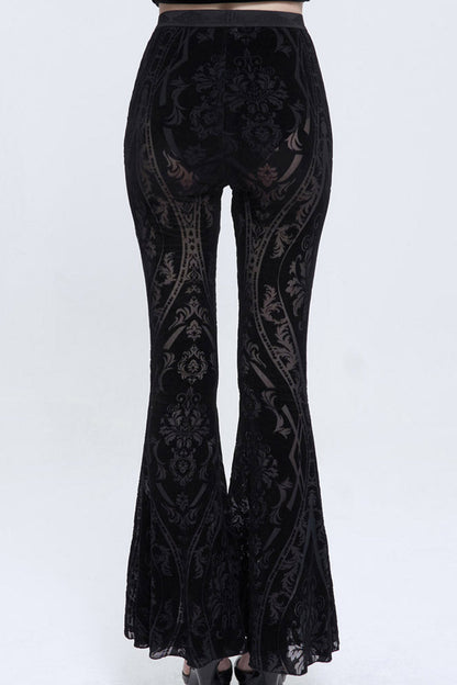 Black Flocked Printed Fabric Elastic Jacquard Elastic at Waist Flared Women's Punk Pants