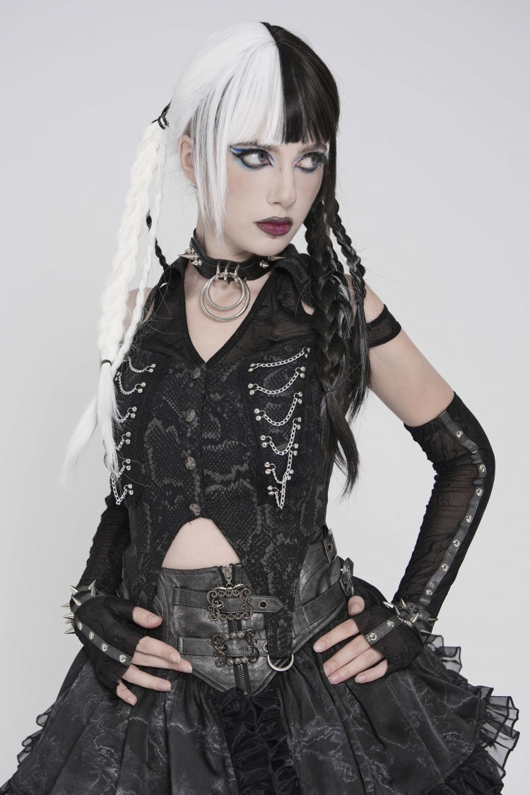 Black Off Shoulder Lace-Up Irregular Chain-Decorated Women's Punk Vest