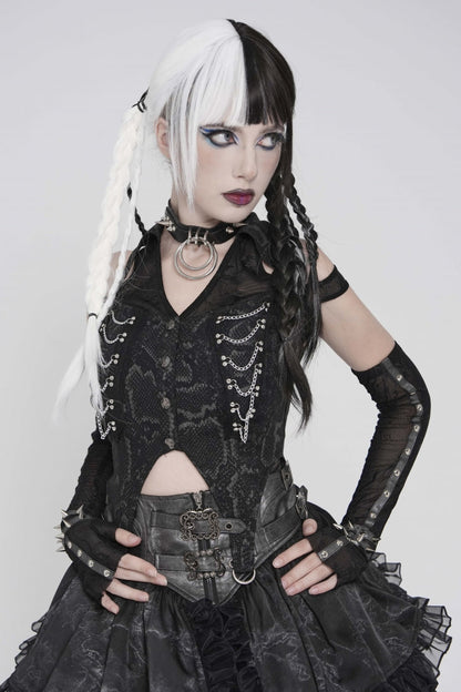 Black Off Shoulder Lace-Up Irregular Chain-Decorated Women's Punk Vest