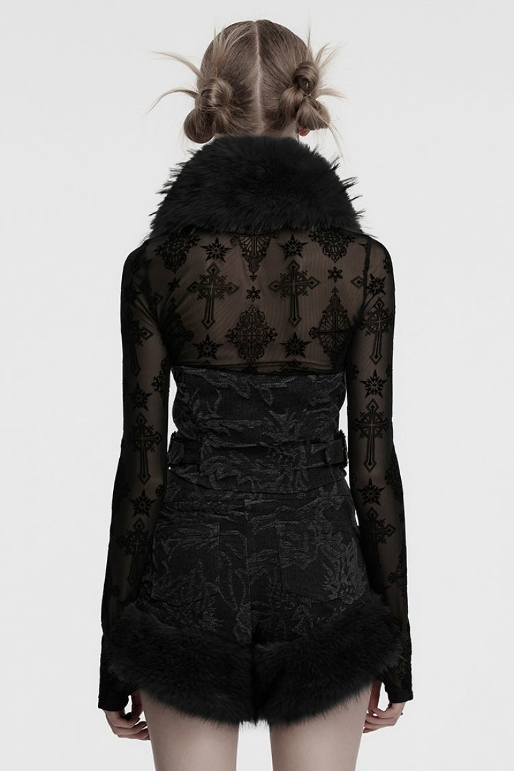 Black Halterneck Sleeveless Jacquard Women's Gothic Vest with Faux Fur Collar