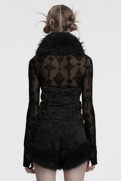 Black Halterneck Sleeveless Jacquard Women's Gothic Vest with Faux Fur Collar