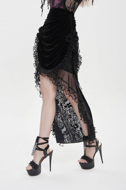 Black Embroidered Rose Lace-up Irregular Women's Gothic Hem Skirt