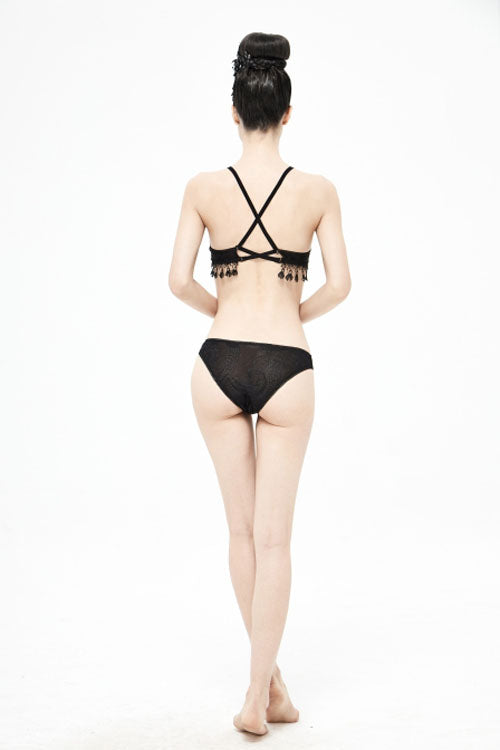 Black Dark Grain Jacquard Tassel Lace Up Gothic Swimsuit