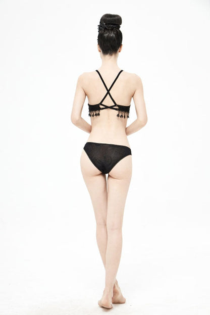 Black Dark Grain Jacquard Tassel Lace Up Gothic Swimsuit