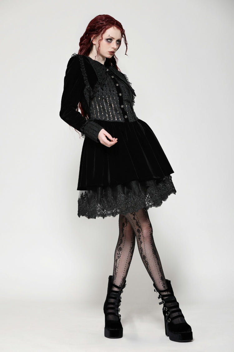 Black Long Sleeves Lace Women's Gothic Velvet Short Dress