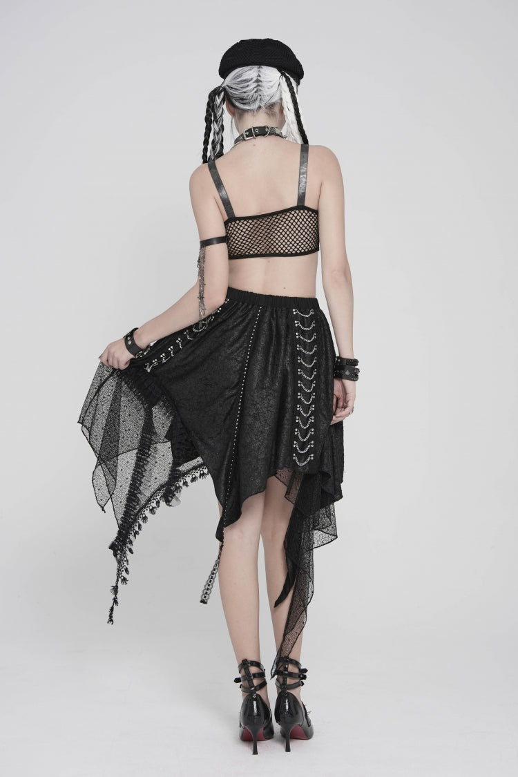 Black Lace Irregular Chain-Decorated Women's Punk Streamer Skirt