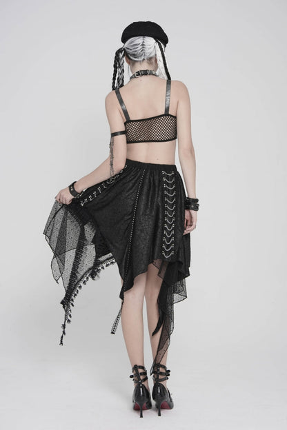 Black Lace Irregular Chain-Decorated Women's Punk Streamer Skirt