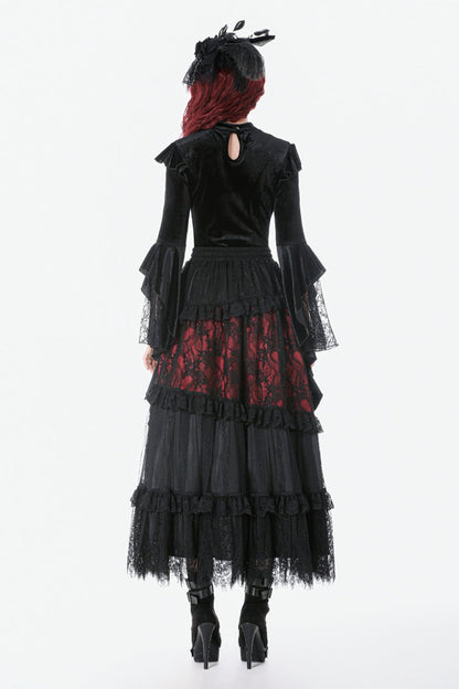 Black Multi-Layered Long Flare Sleeves Embroidered Sheer Mesh Splice Velvet Women's Gothic Top