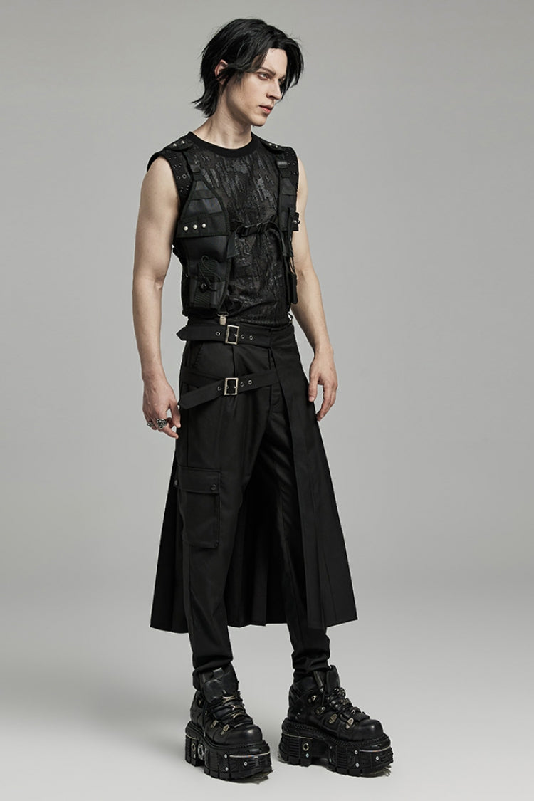 Black Asymmetric Buckle Men's Punk Pleated Skirt