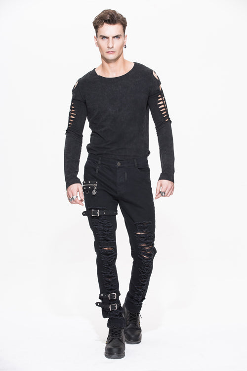 Black Metallic Punk Broken Holes With Loops Mens Pants