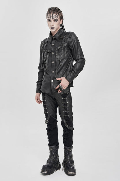 Black Lapel Collar Long Sleeves Buckled Strappy Chain-Decorated Men's Punk Shirt