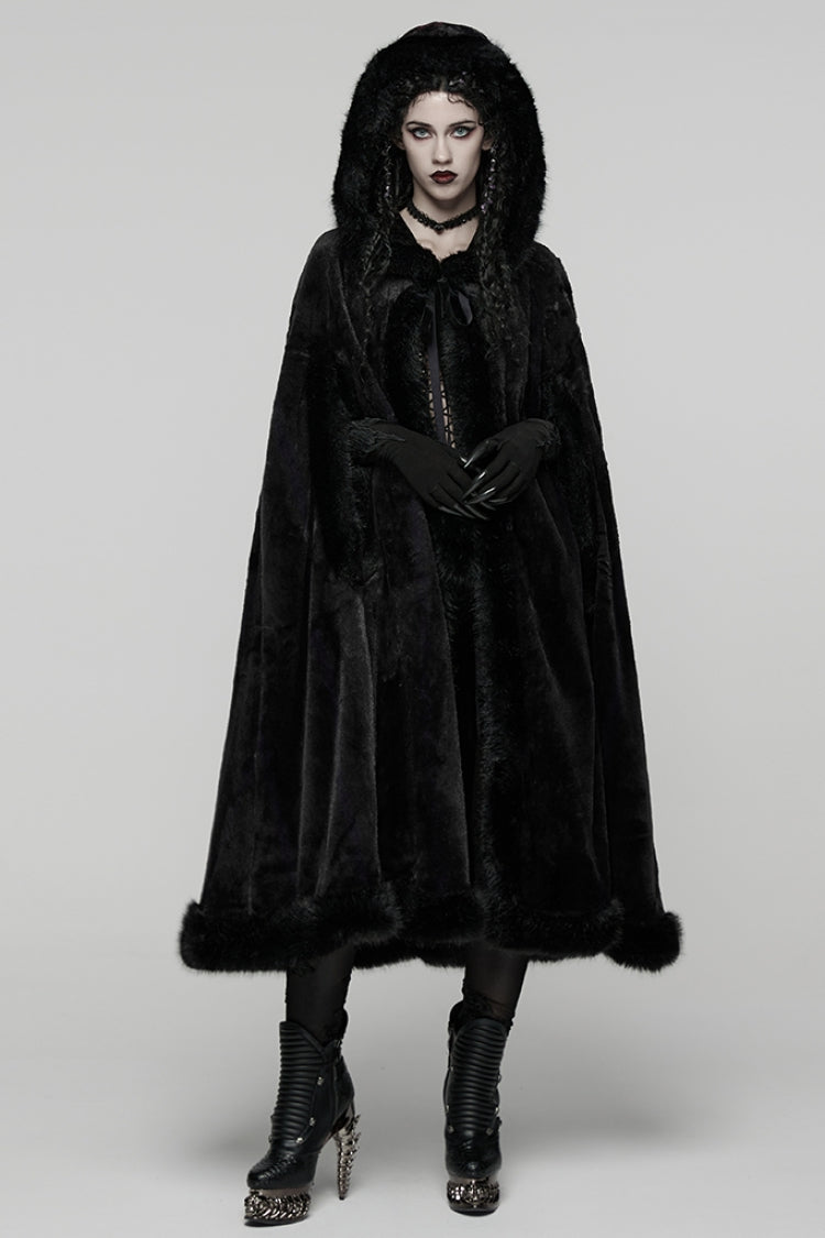 Black Faux Fur Spliced Hooded Women's Gothic Coat Cloak