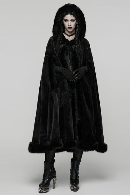 Black Faux Fur Spliced Hooded Women's Gothic Coat Cloak