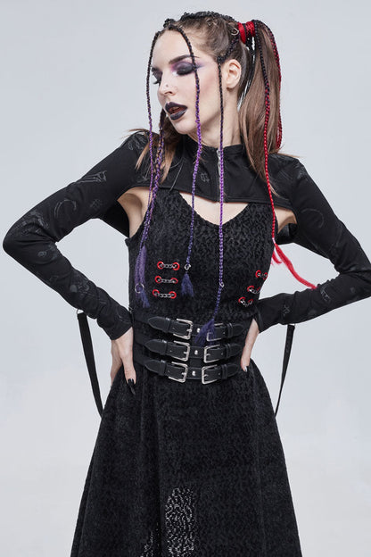 Black Bone Printed Strappy Zipper Women's Gothic Cape